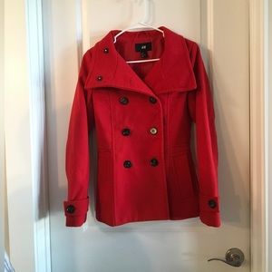 H&M Red Pea Coat with Classic Collar and Long Sleeves